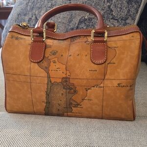Alviero Martini Leather Map-Print Satchel Bag - Brown